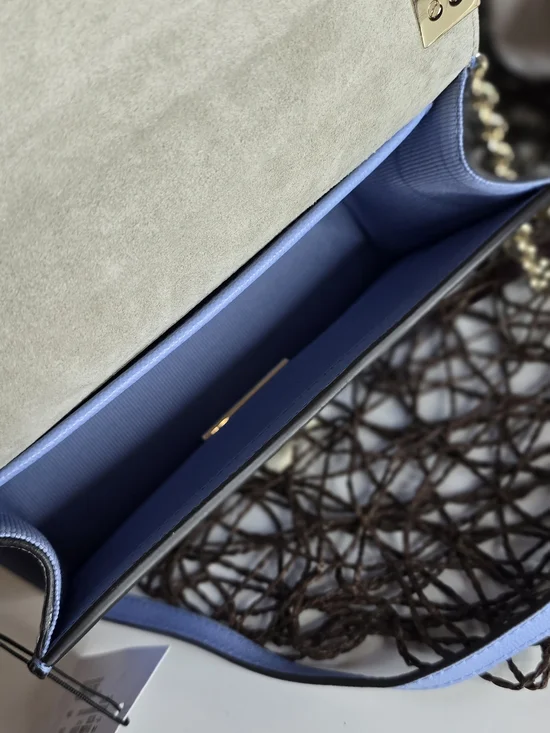 New Furla Light Blue Leather Shoulder Bag with Gold Chain - Picture 12 of 14